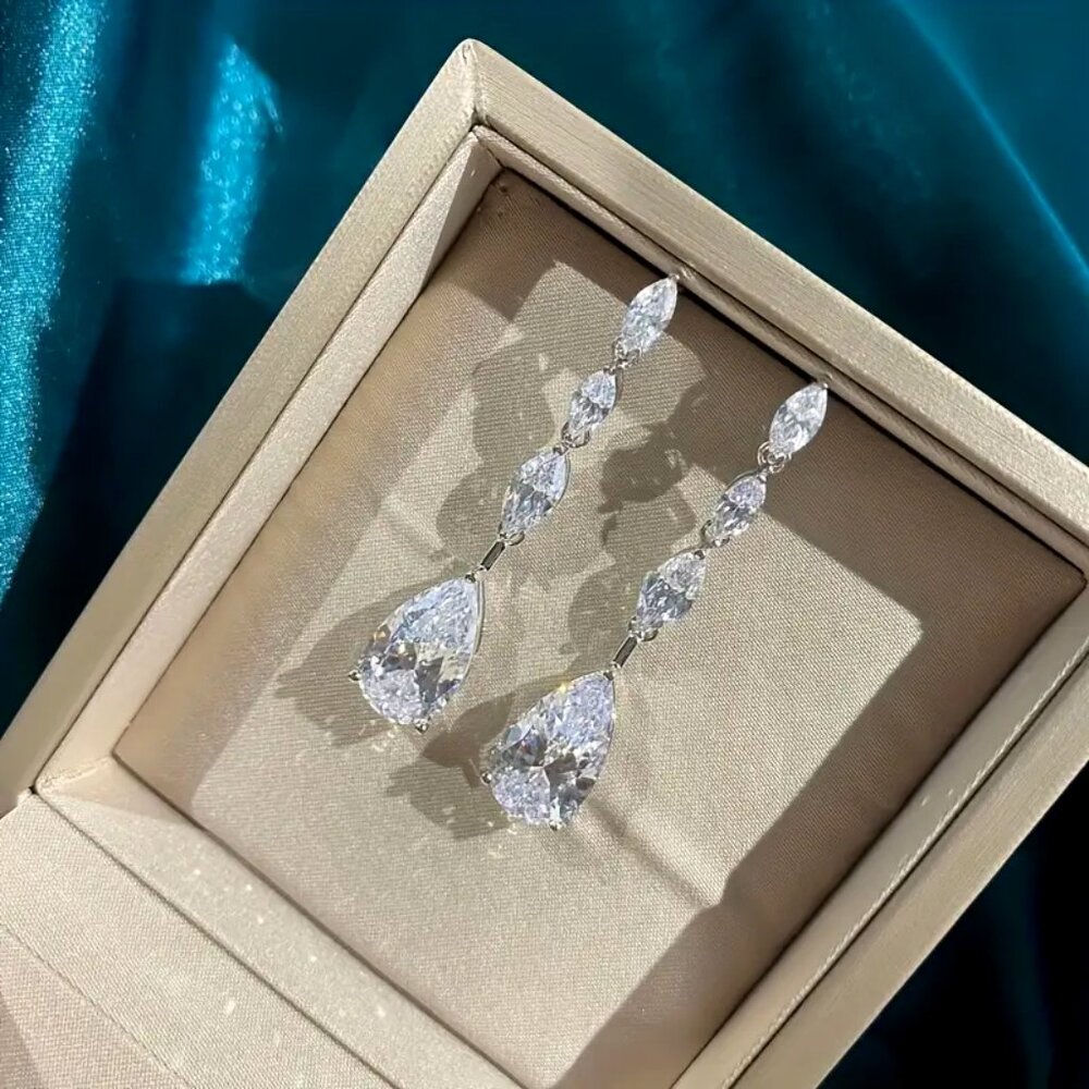 Elegant Teardrop Dangle White Rhinestone • Silver-Tone Earrings
